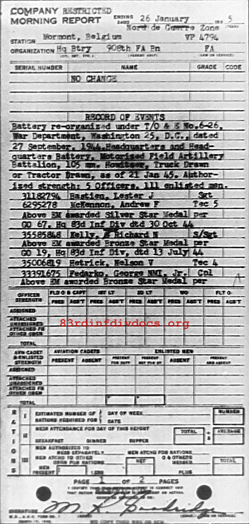 Morning report HQBTRY Co, 1945-01-26, page 1 Morning report
