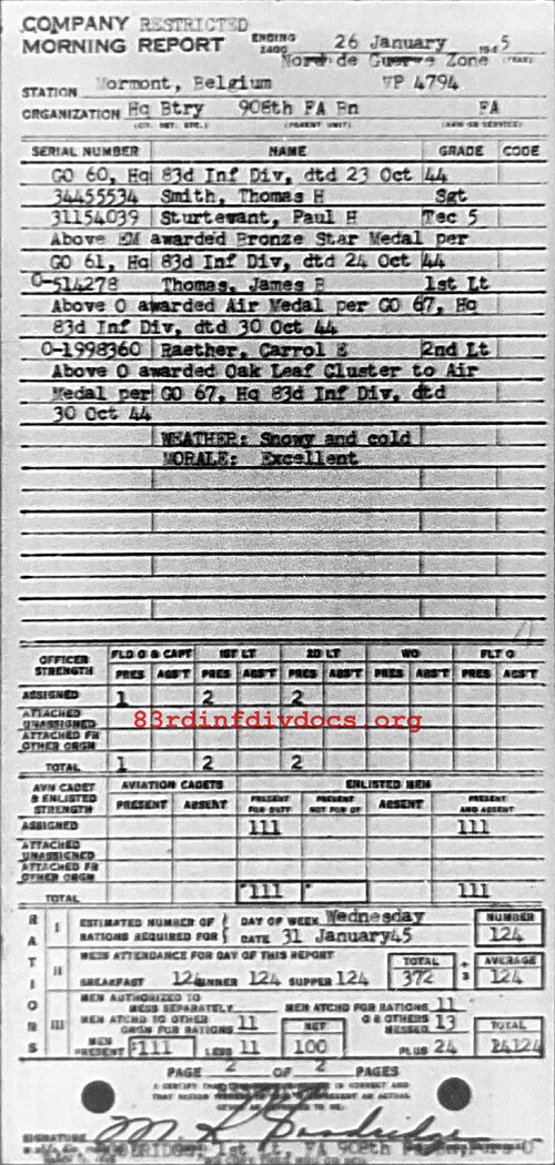 Morning report HQBTRY Co, 1945-01-26, page 2 Morning report