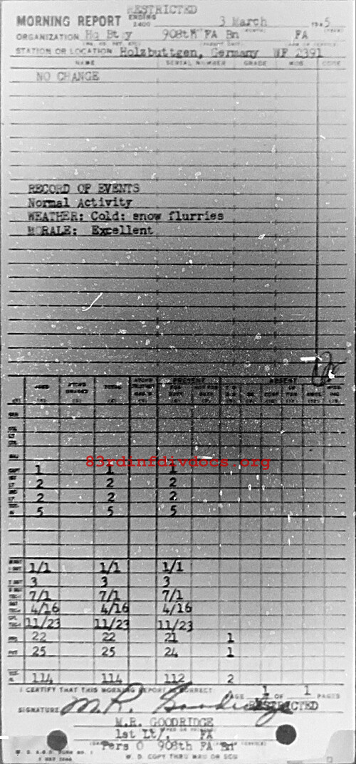 Morning report HQBTRY Co, 1945-03-03, page 1 Morning report