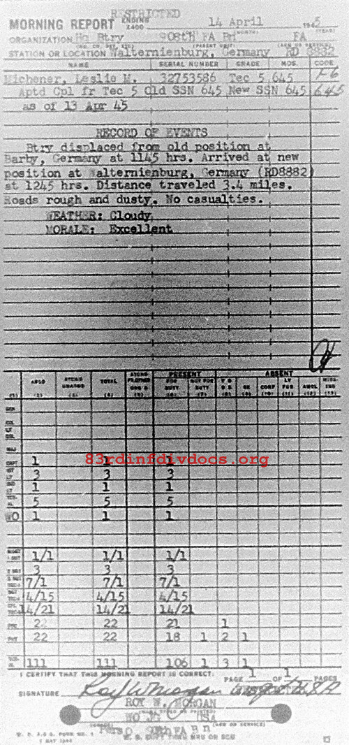 Morning report HQBTRY Co, 1945-04-14, page 1 Morning report