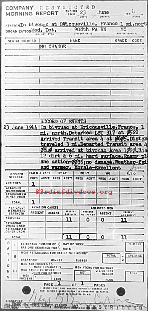 Morning report MEDDET Co, 1944-06-23, page 1 Morning report