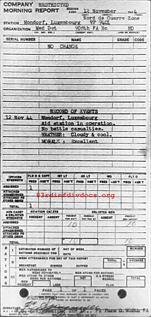 Morning report MEDDET Co, 1944-11-12, page 1 Morning report