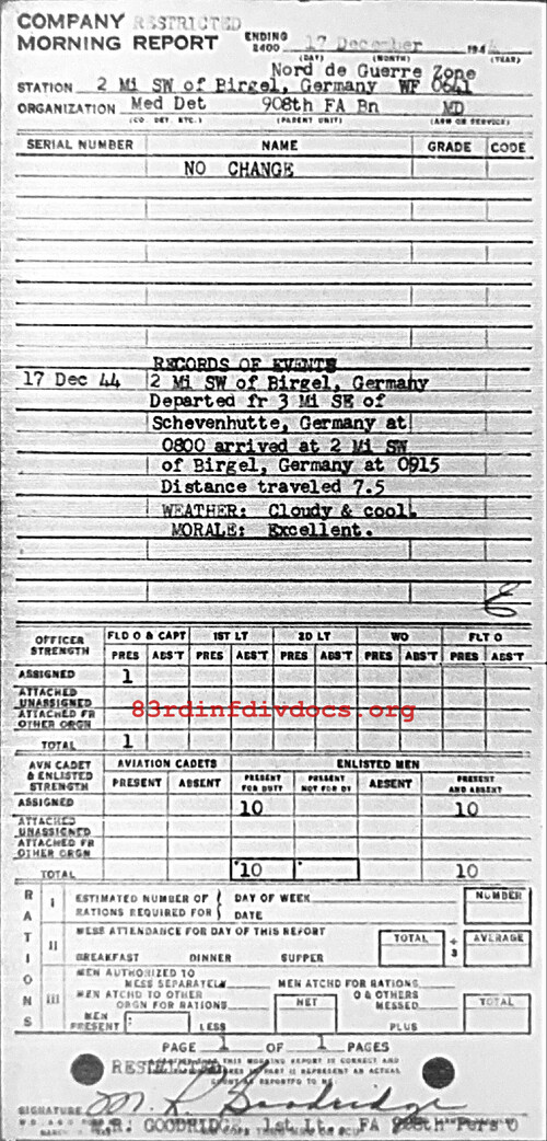 Morning report MEDDET Co, 1944-12-17, page 1 Morning report