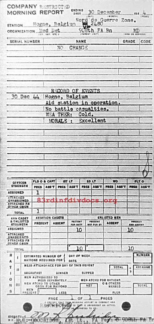 Morning report MEDDET Co, 1944-12-30, page 1 Morning report