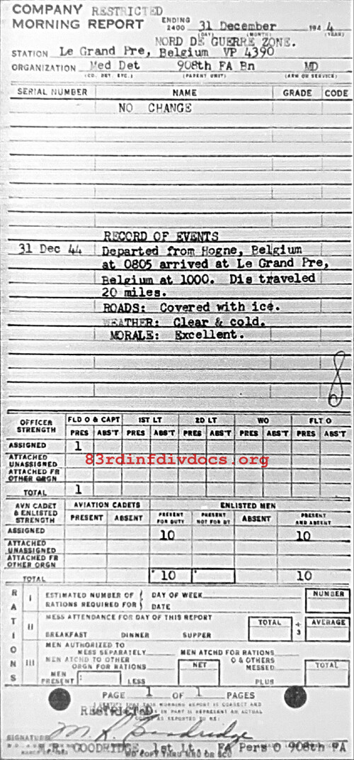 Morning report MEDDET Co, 1944-12-31, page 1 Morning report