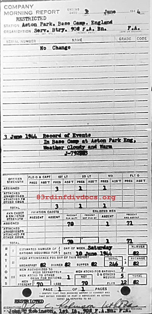 Morning report SERBTRY Co, 1944-06-03, page 1 Morning report