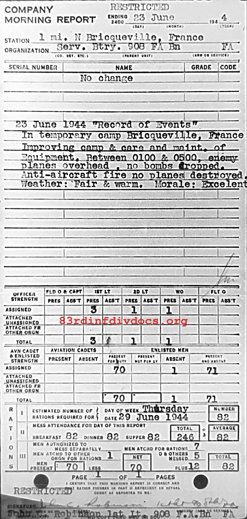 Morning report SERBTRY Co, 1944-06-23, page 1 Morning report