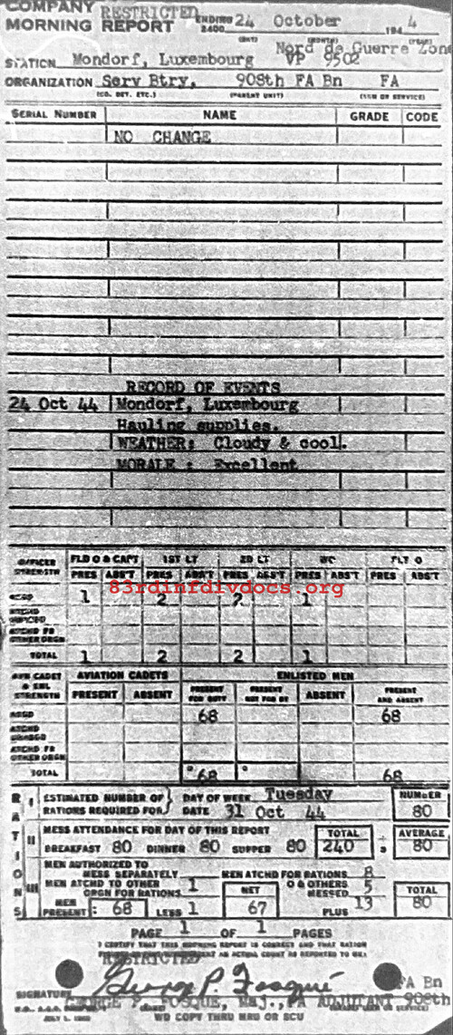 Morning report SERBTRY Co, 1944-10-24, page 1 Morning report
