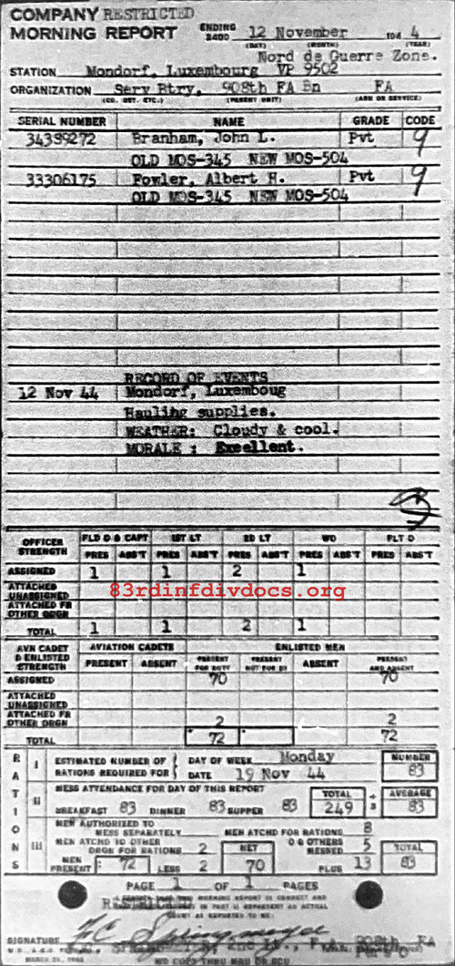 Morning report SERBTRY Co, 1944-11-12, page 1 Morning report