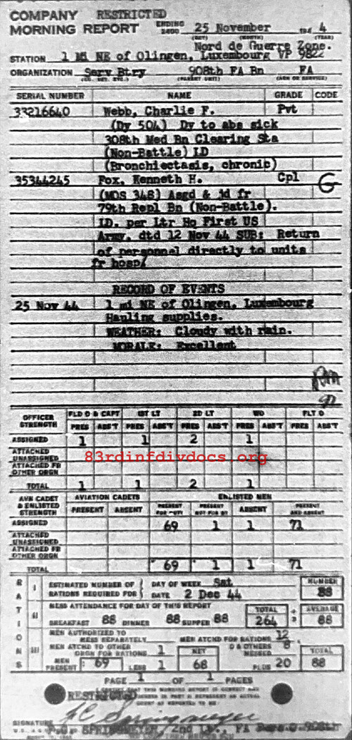 Morning report SERBTRY Co, 1944-11-25, page 1 Morning report