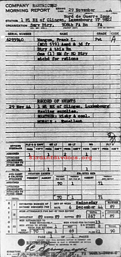 Morning report SERBTRY Co, 1944-11-29, page 1 Morning report