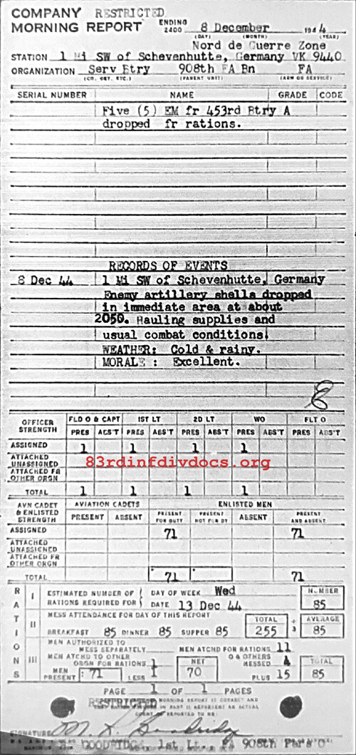 Morning report SERBTRY Co, 1944-12-08, page 1 Morning report