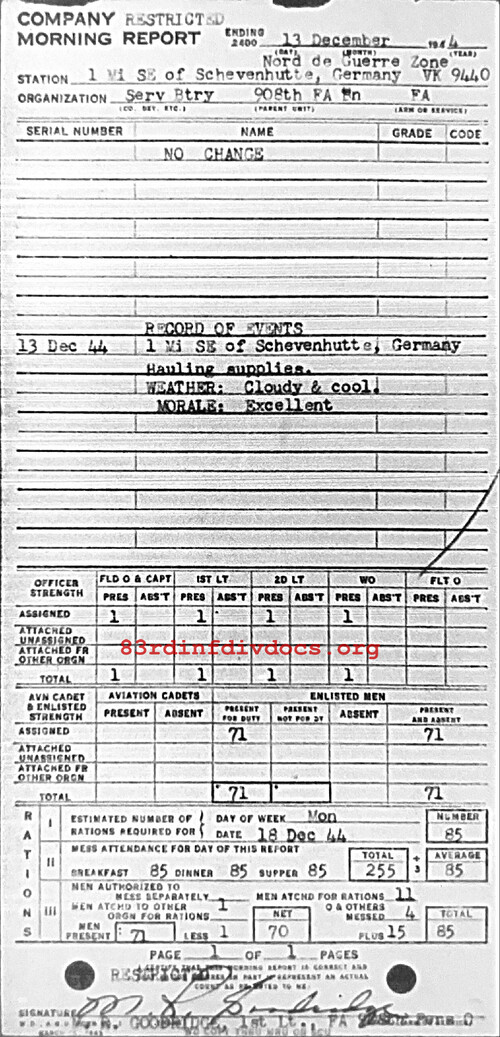 Morning report SERBTRY Co, 1944-12-13, page 1 Morning report