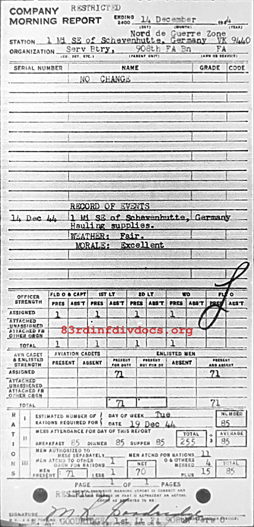 Morning report SERBTRY Co, 1944-12-14, page 1 Morning report