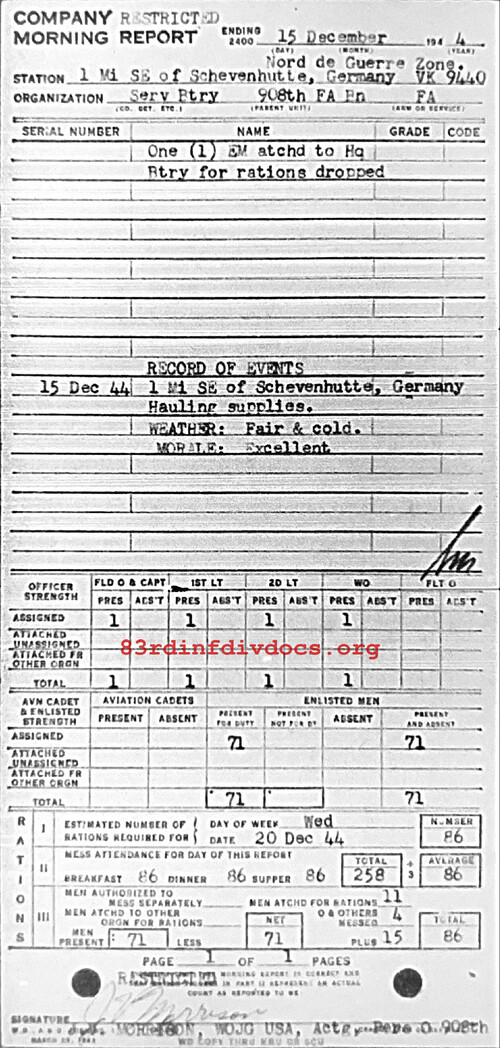 Morning report SERBTRY Co, 1944-12-15, page 1 Morning report